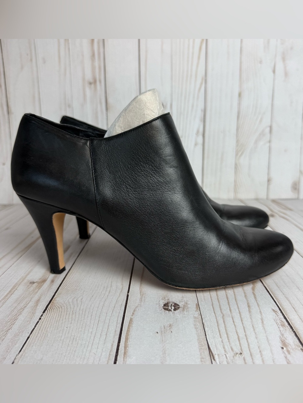 Vince Camuto Black Genuine Leather Ankle Booties Stiletto Heel Almond Toe